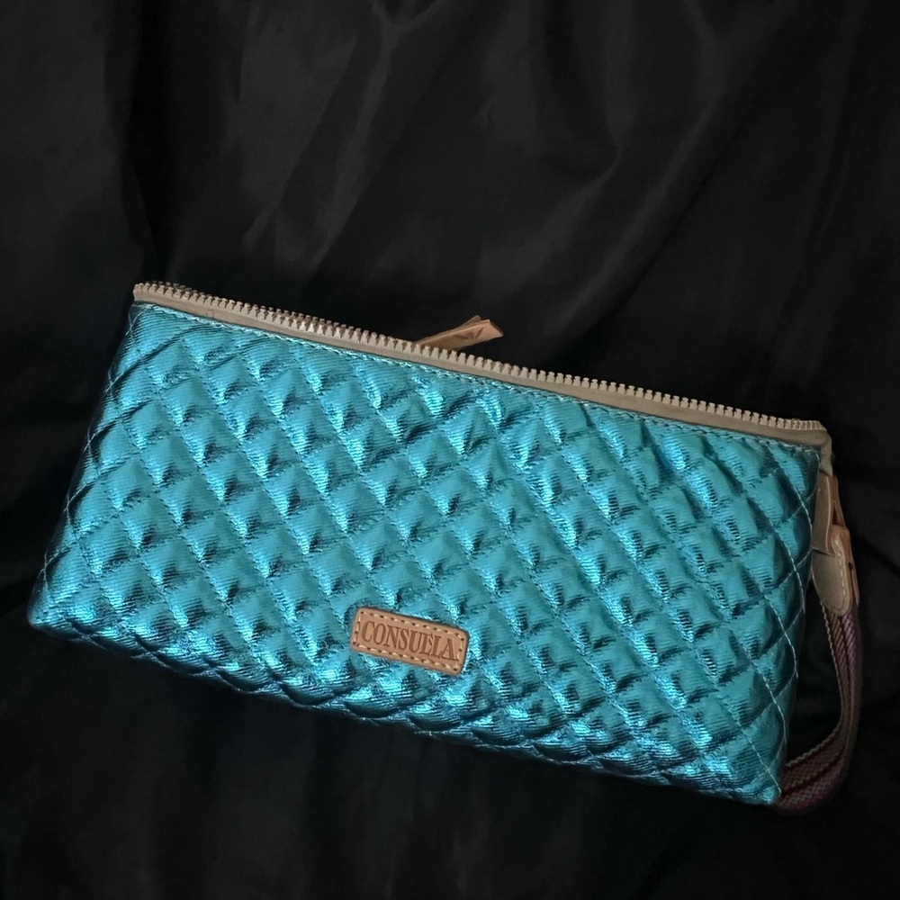 Consuela Metallic Teal Quilted Wristlet